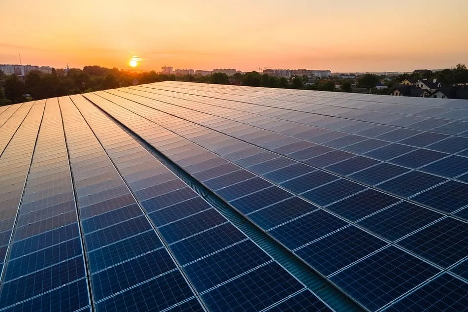 placas solares con puesta de sol de fondo